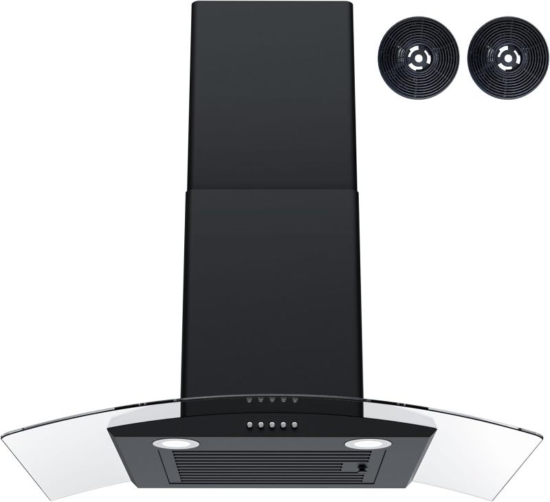 Photo 1 of FIREGAS Wall Mount Range Hood 30 inch with 3 Speed Fan,black range hood with tempered glass,400CFM,Push Button Controls, LED Lighting, Permanent Filters in Stainless Steel,includes 2 Charcoal Filters
