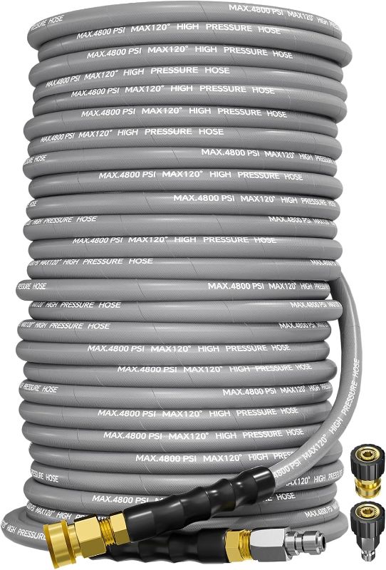 Photo 1 of 3/8" 4800PSI Pressure Washer Hose 200FT with Swivel Quick Connect for Cold/Hot Water Max 248°F, Kink Resistant Steel Wire Braided, Wear Resistant Power Washer Hose with M22 14mm Adapter
