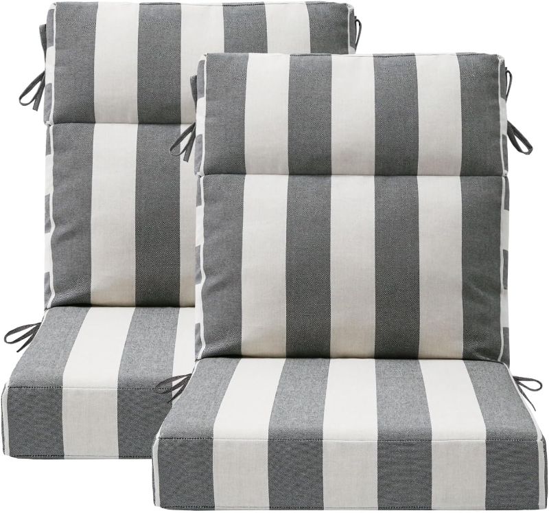Photo 1 of Outdoor High Back Chair Cushion Seat Pads, 2-Pack 44 x 21 Inch Water-Repellent & Fade-Resistant Patio Furniture Cushions with Ties for Adirondack, Rocking Chairs, Gray Stripe
