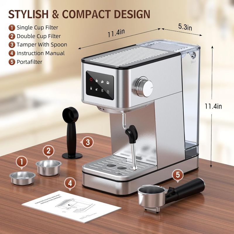 Photo 1 of Espresso Machine, 20 Bar Compact Espresso Maker with Steam Milk Frother, Stainless Steel Coffee Machine with 57.5oz Removable Water Tank & LED Touchscreen Monitors for Latte
