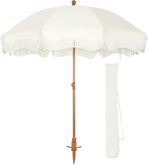 Photo 1 of HERA'S PALACE 7ft Heavy Duty Beach Umbrella with Sand Anchor, Fringe Umbrella for Sand, UV 50+, Patio Umbrella with Tilt Pole for Garden Pool Backyard
