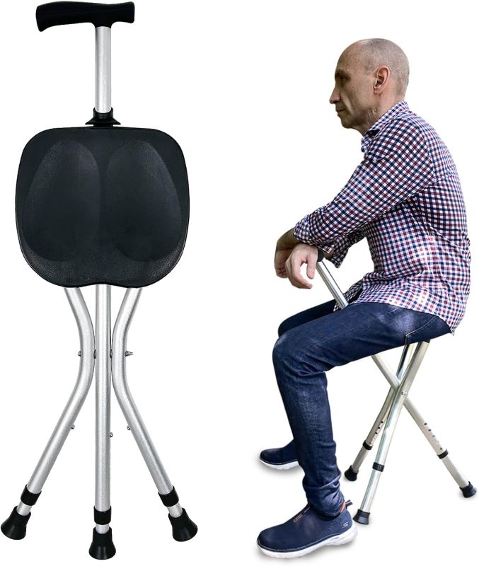 Photo 1 of BLUE & BLACK** Portable Adjustable Folding Walking Cane with Seat Allows Durability While Walking and Convenience for Sitting, Alloy Crutch Chair, Anti-Slip Lightweight Walking Stick for Seniors
