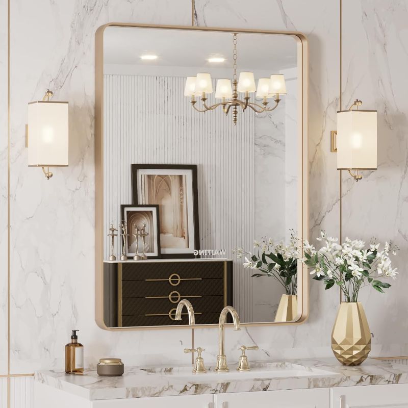 Photo 1 of LOAAO 24”X32” Gold Bathroom Mirror, Rounded Rectangle Gold Frame Mirror, Brushed Gold Bathroom Vanity Mirror Wall-Mounted, Anti-Rust, Hangs Horizontally or Vertically
