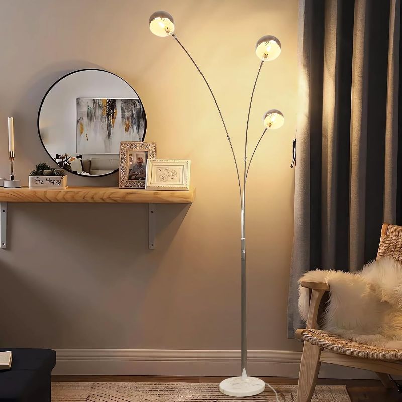 Photo 1 of Depuley 3-Light Modern LED Floor Lamp, Adjustable Metal Tall Standing Lamps with Marble Base, Dimmable Arc Floor Lamp with Flexible Rotating Lights for Living Room, Bedroom(Silver, E12 Bulbs Included)
