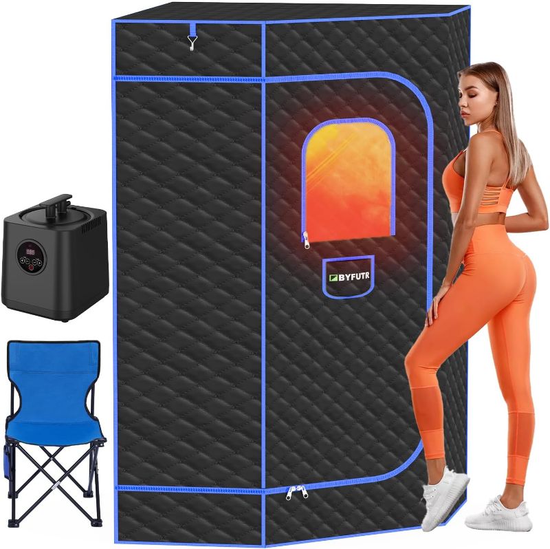Photo 1 of Portable Sauna Box for Home, Person Saunas Tent at Home with 3L 1200 Watt Steamer, Remote Control and Fodable Chair (Black)

