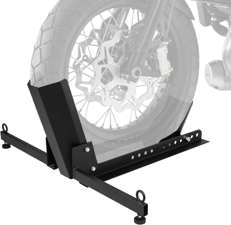 Photo 1 of Donext Motorcycle Front Tire Chock, Adjustable Motorcycle Wheel Chock, 1500 lbs Heavy Duty Wheel Stand for 15"-30" Wheels, Motorbike Front Chock High-Grade Steel Trailer Stand(Black)
