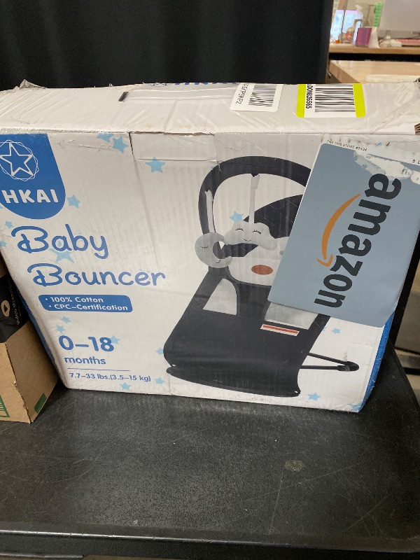 Photo 1 of HKAI Baby Bouncer, Portable Baby Bouncer Seat for Babies 0-18 Months, 100% Cotton Fabrics, 3 Modes of use with Rocker and Stationary Options, Infant Rocker Chair with Hanging Toys-Dark Grey
