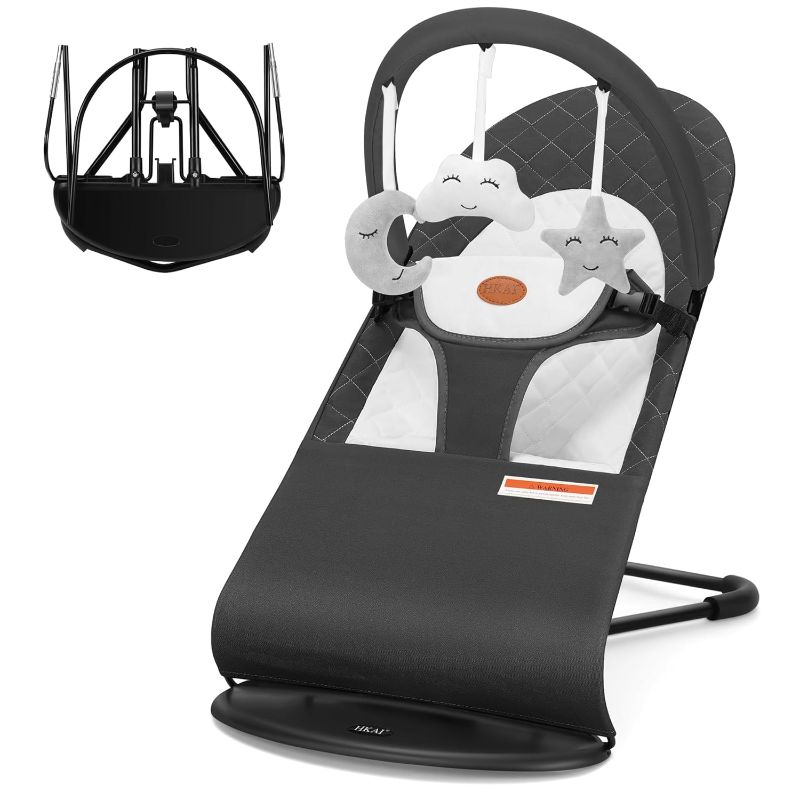 Photo 1 of HKAI Baby Bouncer, Portable Baby Bouncer Seat for Babies 0-18 Months, 100% Cotton Fabrics, 3 Modes of use with Rocker and Stationary Options, Infant Rocker Chair with Hanging Toys-Dark Grey
