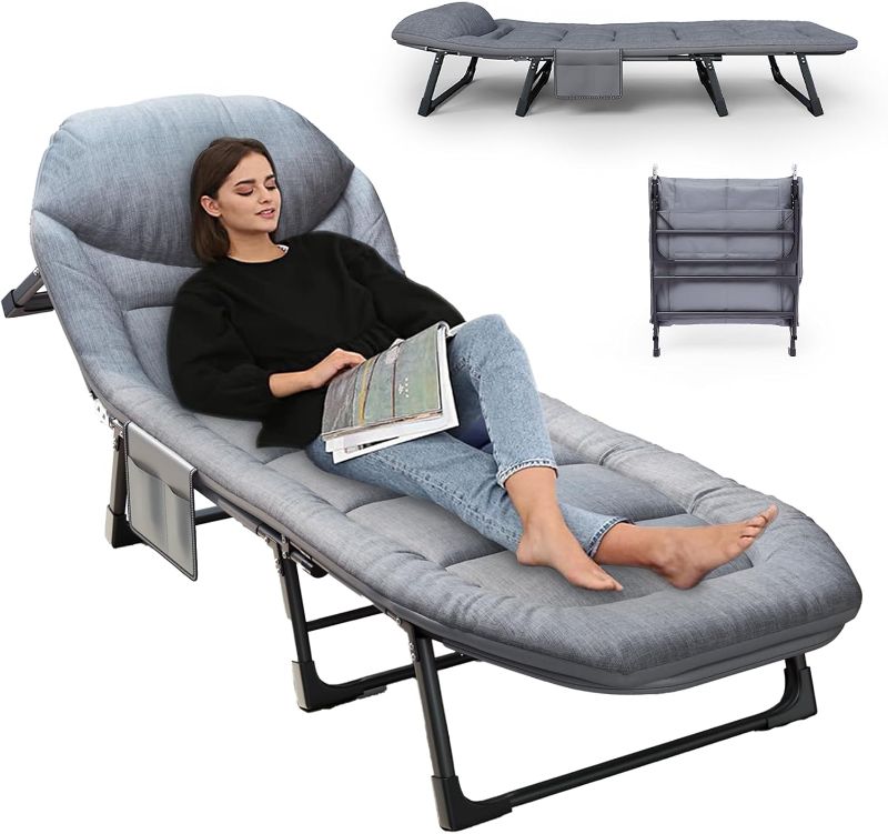 Photo 1 of Chaise Lounge Chair, Folding Cot, 6-Angle Adjustable Camping Cot with Mattress for Patio and Beach, Foldable Bed Portable Heavy Duty Lay Flat Reclining with Pillow (Grey, XL - 80")

