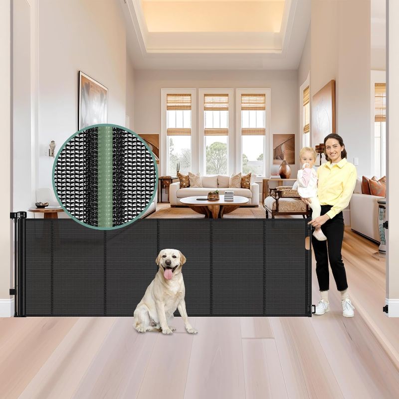 Photo 1 of Reinforced 159 Inch Extra Wide Baby Gates for Large Openings Prevent Babies and Dogs from Crawling Through Retractable Baby Gates for Doorways Extra Wide Dog Gate Indoor Mesh Dog Gate Outdoor (Black)
