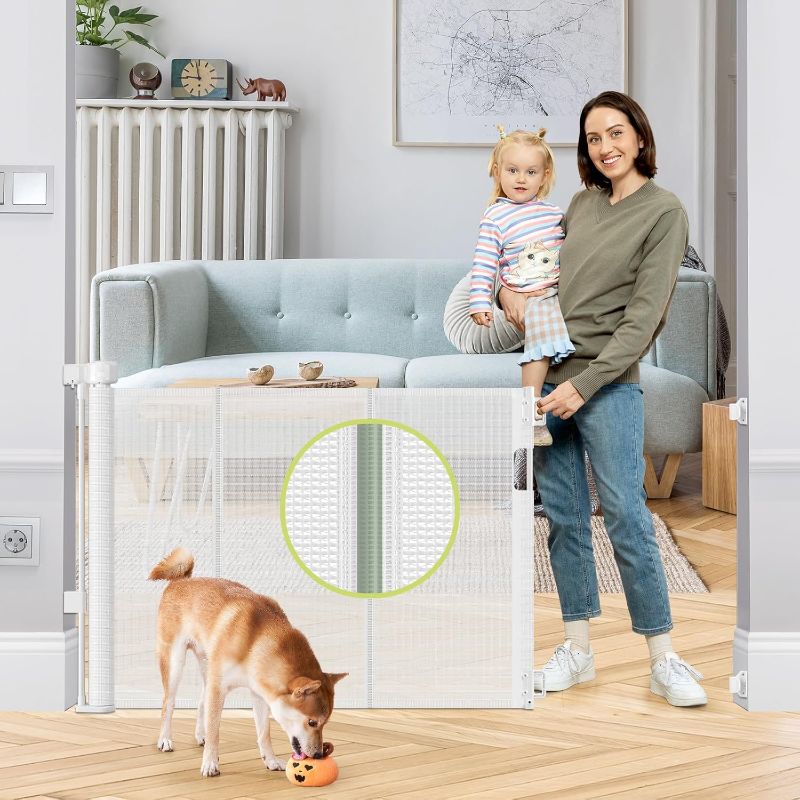 Photo 1 of Reinforced 55" Wide Retractable Baby Gate Outdoor Retractable Gate with Reinforced Bar Mesh Baby Gate Retractable Dog Gate Retractable Mesh Gate for Kids and Pets Safety Retractable Pet Gate for Stair
