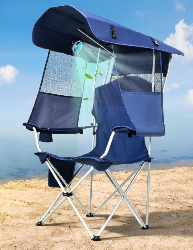 Photo 1 of Beach Chair with Canopy Shade and Fan – 360° Rotatable & 3-Speed Airflow, Camping Chair with Canopy and Powerful & Quiet Fan, Cup Holder, Side Pocket – Supports 330 LBS
