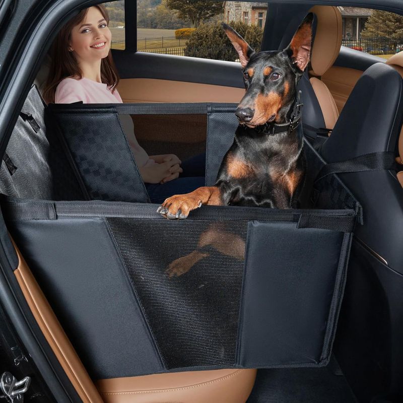 Photo 1 of Dog Car Seat for Large Dogs, Waterproof Faux Leather Pet Carrier for Active Pets at Back Seat Half Hammock with 4 Hard Sides & Bottom Extender for Cars SUV Trucks(Black)
