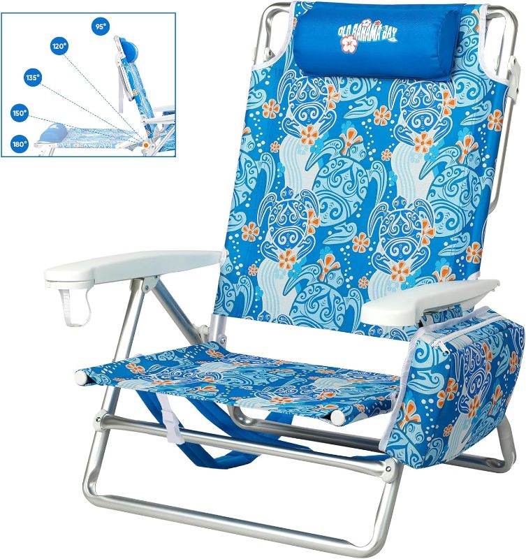 Photo 1 of Reclining Beach Chair Backpack 5-Position Lay Flat Lounge Chair for Adults Heavy Duty Portable Folding Lightweight with Cooler Bag Camping Chair for Sand Outdoor
