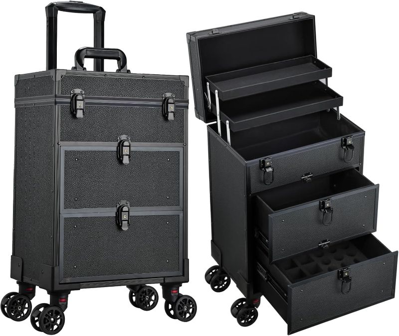 Photo 1 of Rolling Makeup Train Case with 2 Large Drawers Cosmetology Case on Wheels Nail Carts Organizer Case Make Up Artist Tattoo Travel Case with Wheels Salon Trolley Black
