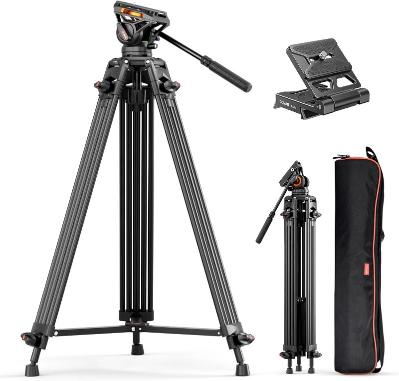 Photo 1 of Video Tripod, COMAN 74" Professional Metal Heavy Duty Camera Tripods with Adjustable Damping Fluid Head, Dual-Mode QR Plate Compatible with DJI RS4 Manfrotto (Q6 New Fluid Head)
