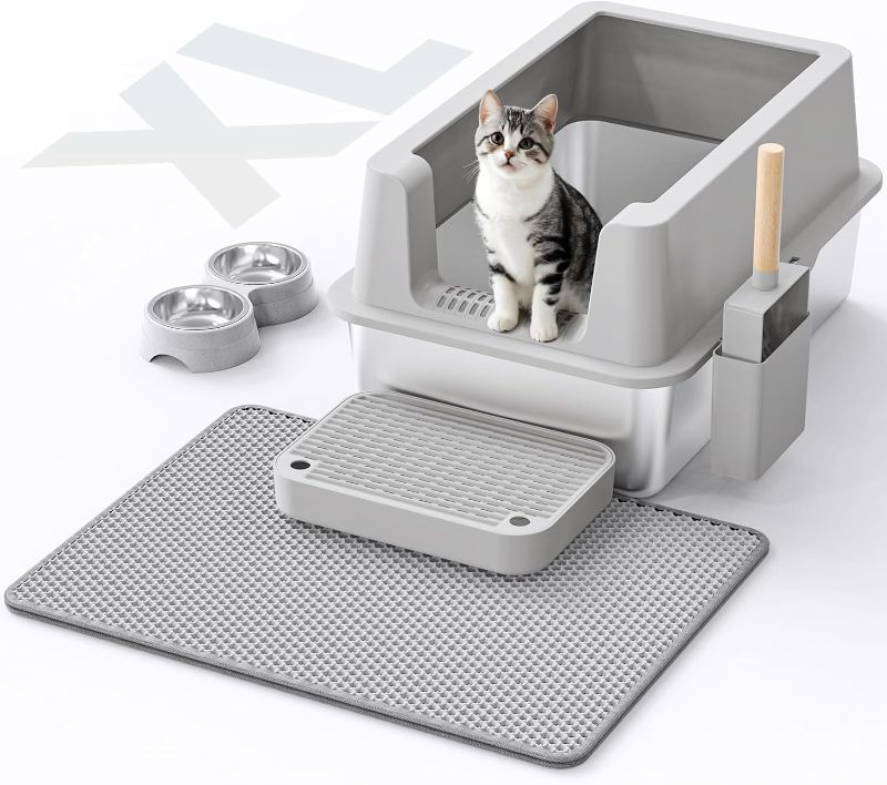 Photo 1 of Stainless Steel Cat Litter Box - Enclosed XL Metal Kitty Litter Box with Lid for Big Cats, High Sided, Anti-Leakage, Easy Cleaning, Non-Sticky, Included Litter Mat, Cat Bowl & Spoon
