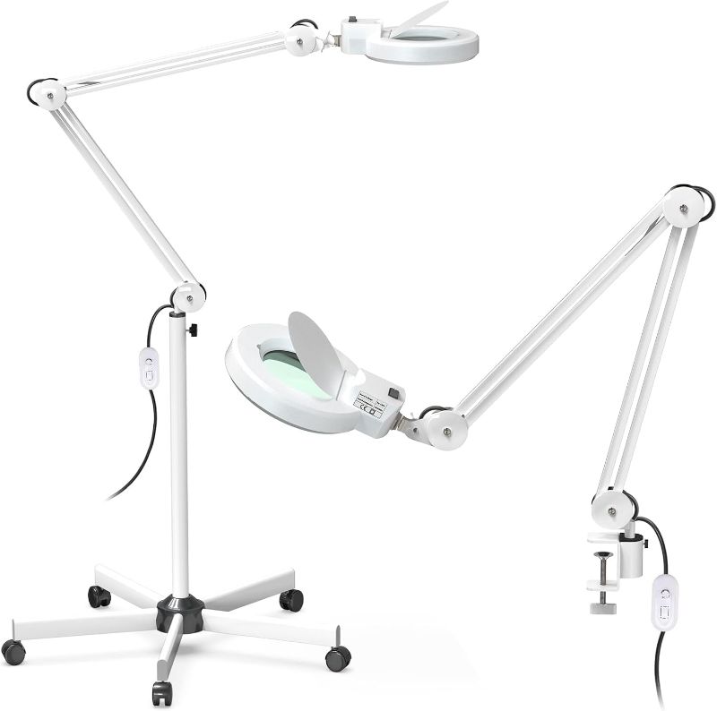 Photo 1 of 5X Magnifying Floor Lamp,Magnifying Glass Floor Lamp with 5 Wheels Rolling Base,LED Stepless Dimmable Magnifier with Light and Stand, for Estheticians, Reading, Craft, Sewing
