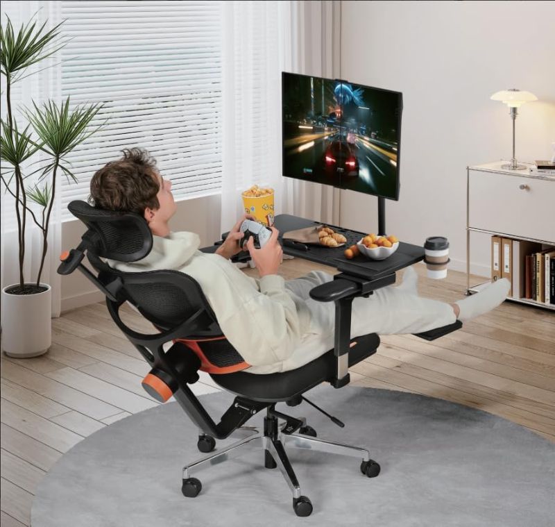 Photo 1 of Cooling Fan & Dual Monitor Laptop Desk - Ergonomic Chair Compatible, Height Adjustable Bed Table w/Snack Tray & Cup Holder for Gaming/Office/Streaming, Grey Portable Sofa/Floor/Ergonomic