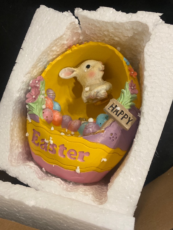 Photo 1 of MorTime Lighted Easter Bunny Egg Decorations, Easter Rabbit Egg Figurines Tabletop Resin Figurine Centerpiece for Easter Home and Office Easter Decorations