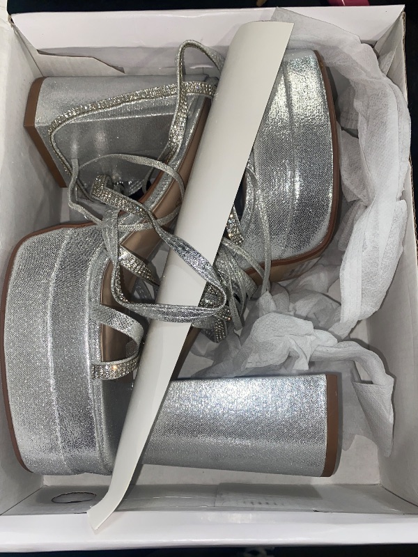 Photo 1 of Size 8.5 - DREAM PAIRS Women's Lace Up Platform Heels Rhinestone High Strappy Chunky Sandal Y2K Shoe for Club Party Date Prom SDHS2362W Silver 