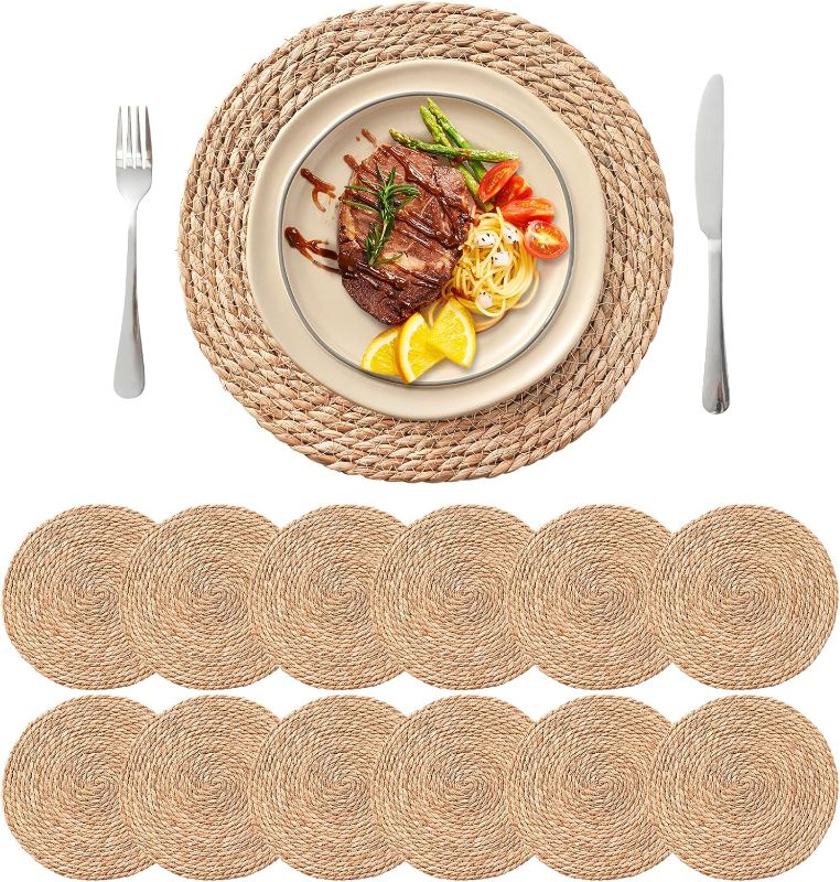Photo 1 of 13.5'' Round Woven Placemats Set of 12, Boho Rattan Chargers for Dinner Plates, Rustic Wicker Place Mats, Straw Braided Table Placemats, for Dining Table, Wedding, Farmhouse, Outdoor and Christmas
