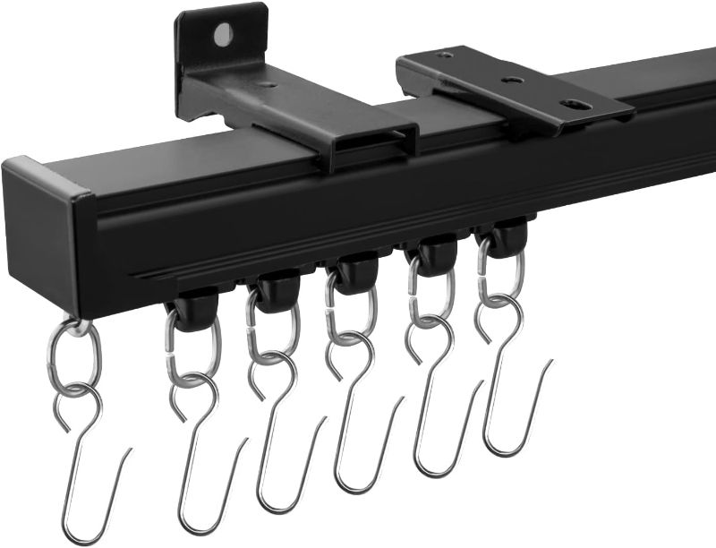 Photo 1 of Ceiling Curtain Tracks Ceiling Mounted Heavy-Duty Curtains Rails Room Divider Curtain Track for Living Bedroom Shower Privacy RV Garage Divider Track and Hooks, Black 9ft.
