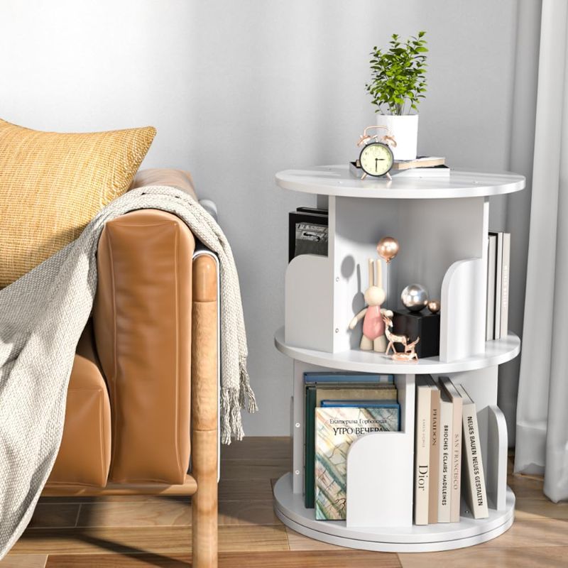 Photo 1 of Nidouillet Rotating Bookshelf, Revolving Bookcase 360 Display Round Bookshelf Narrow Swivel Corner Book Shelf Standing Bookcase for Adult Bedroom, Living Room (White, 2 Tier)
