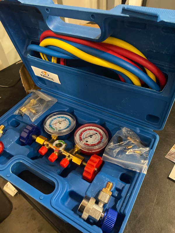Photo 1 of YSTOOL 3 Way AC Manifold Diagnostic Gauge Refrigerant Charging Set for Air Conditioner HVAC R134a R404a Freon with 5FT Hose R134a Adjustable Quick Couplers Can Tap Acme Adapter