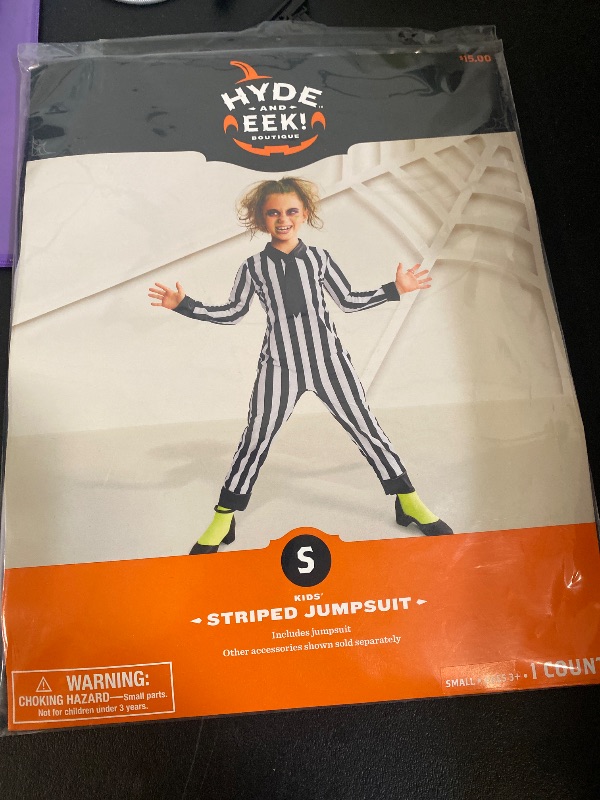 Photo 1 of SMALL- Boys Girls Hyde & Eek Striped Jumpsuit Costume Beetlejuice Clown