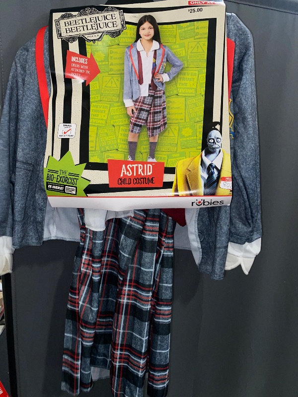 Photo 1 of Girls Beetlejuice Astrid Gray & Red Plaid Dress Outfit Halloween Costume
