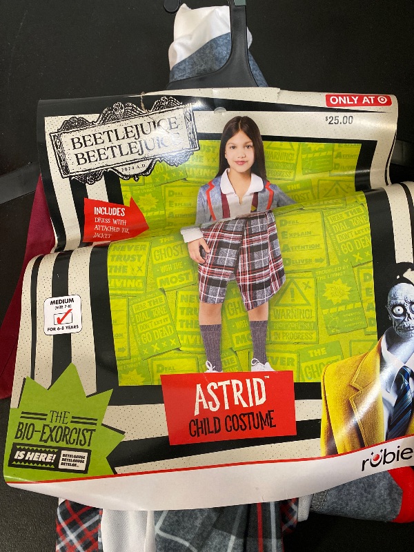 Photo 1 of MEDIUM 8- Girls Beetlejuice Astrid Gray & Red Plaid Dress Outfit Halloween Costume
