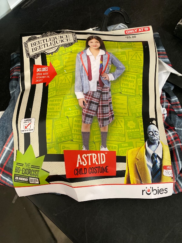 Photo 1 of LARGE 10/12- Girls Beetlejuice Astrid Gray & Red Plaid Dress Outfit Halloween Costume
