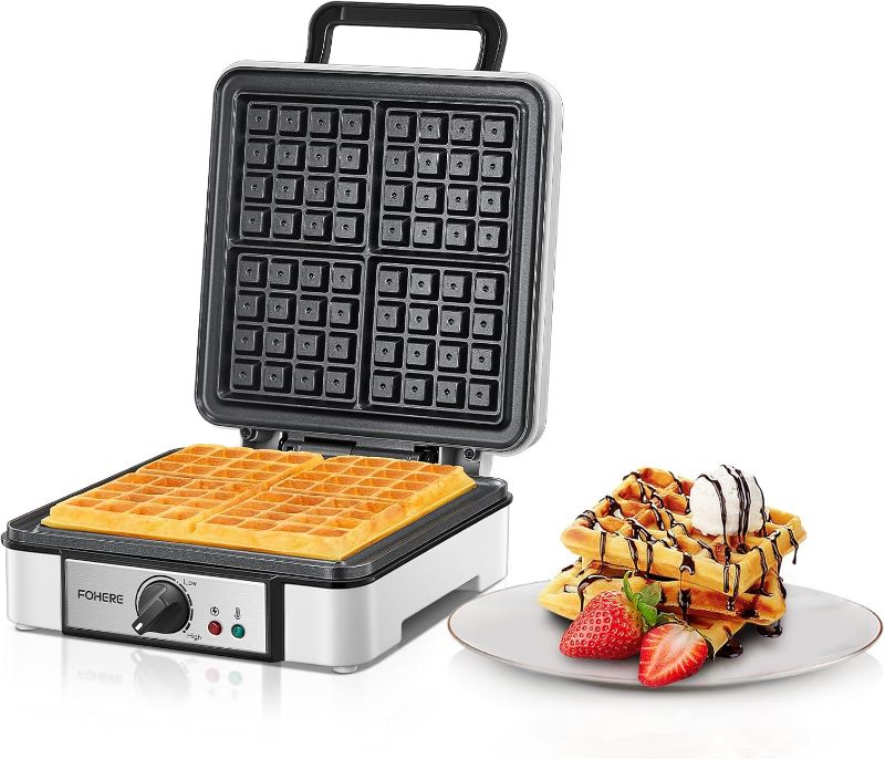 Photo 1 of FOHERE Belgian Waffle Maker 4 Slices, 1200W Square Waffle Iron, 5 Browning Levels, Nonstick Plates, Cool-touch Handle, Anti-scald, Anti-overflow, Indicator Lights, Recipe, White (Large)

