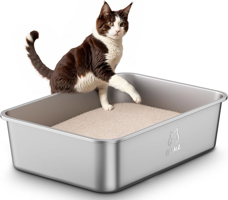 Photo 1 of Stainless Steel Litter Box with Handle?Metal Cat Litter Box with High Sided for Big and Small Cats, Kitty Litter Boxes, Non-Stick, Easy to Clean, Odor-Free, Small Cats Toilet
