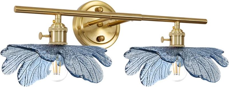 Photo 1 of 2 light bathroom vanity light gold brass wall sconce with Blue Flower Glass Shade mid century wall light vintage wall sconce art deco Bathroom Lights Over Mirror for Bedroom Hallway Living Room

