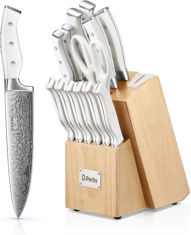 Photo 1 of Knife Set with Block, D.Perlla 14 Pieces Kitchen Knife Set with Built-in Sharpener, Stainless Steel Knife Block Set with Unique Waved Pattern, Triple Riveted Ergonomic Handle, White
