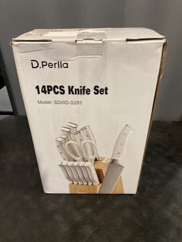 Photo 1 of Knife Set with Block, D.Perlla 14 Pieces Kitchen Knife Set with Built-in Sharpener, Stainless Steel Knife Block Set with Unique Waved Pattern, Triple Riveted Ergonomic Handle, White
