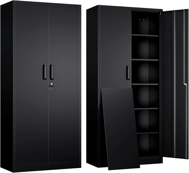 Photo 1 of Yizosh Metal Garage Storage Cabinet with 2 Doors and 5 Adjustable Shelves - 71" Steel Lockable File Cabinet,Locking Tool Cabinets for Office,Home,Garage,Gym,School (Black)
