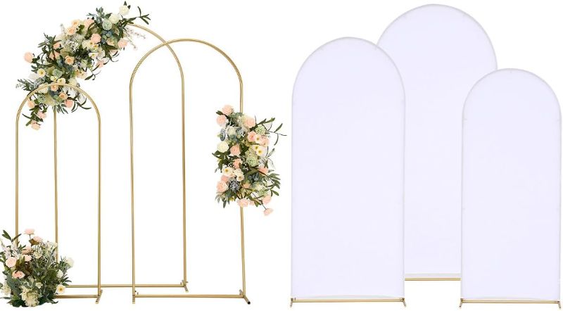 Photo 1 of Vincidern Wedding Arch Backdrop Stand and Cover Set, 6.6FT/5.9FT/4.9FT, 3 Gold Metal Arch Stands with 3 White Spandex Arch Covers for Parties, Bridal, Wedding Ceremony
