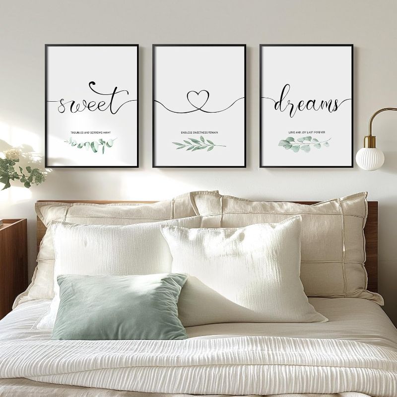 Photo 1 of Framed Canvas Wall Art For Bedroom Decor, 3 Piece Sweet Dreams Signs Wall Art, Modern Minimalist Bedroom Pictures for Master Guest Room Wall Decor Above Bed
