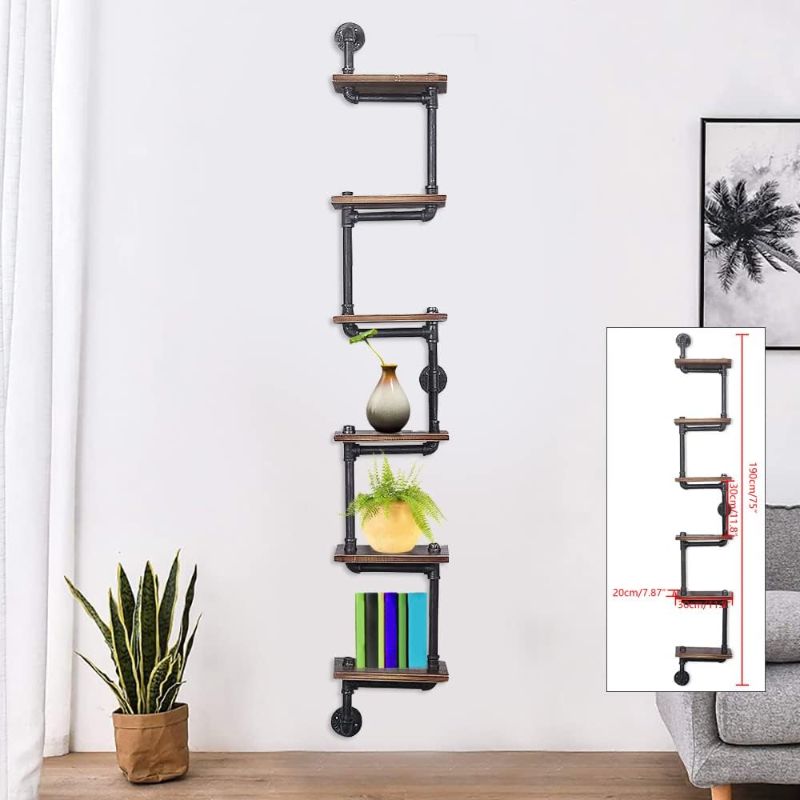 Photo 1 of 6 Tiers Wall Shelves for Bedroom Decor,Industrial Pipe Shelving Wall Shelves for Living Room Kitchen Storage,Wall Mounted Rustic Wood Pipe Shelves for Books,Shelf for Bathroom,Office,Laundry Room
