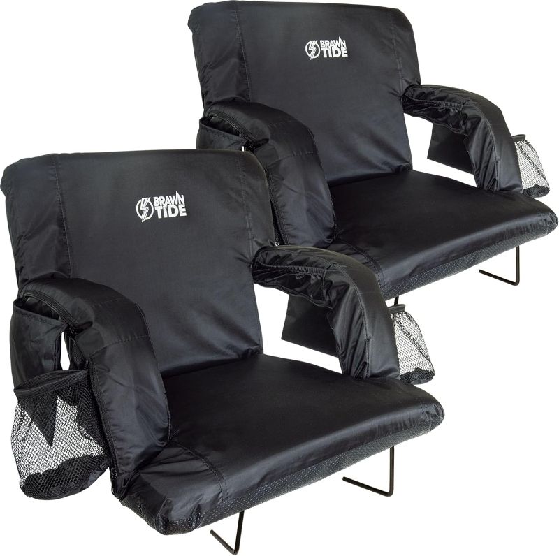 Photo 1 of BRAWNTIDE Stadium Seat with Back Support - Comfy Cushion, Thick Padding, 2 Steel Bleacher Hooks, 4 Pockets, 2 Cup Holders, Reclining Back, Ideal Chair for Sport Events, Beaches, Camping, Concerts

