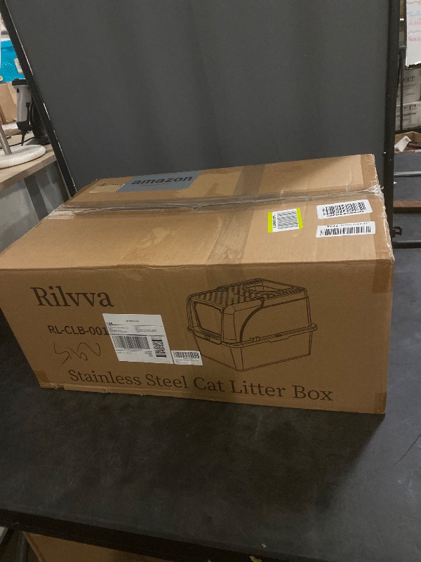 Photo 1 of Rilvva Stainless Steel Litter Box, XXL Large Metal Covered Litter Boxes, Dual Entrance Detachable Cat Litter Box with Lid, 16.6'' High Wall Urine Leak Prevention with Cat Litter Scoop (Gray)