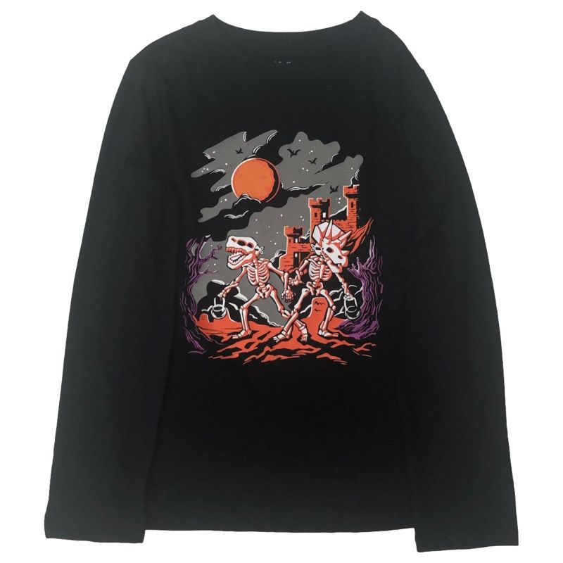 Photo 1 of LARGE 10/12 Boys Long Sleeve Black Dinosaur Skeleton Halloween T-Shirt Tee Shirt