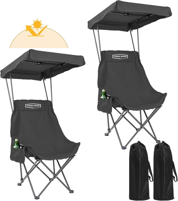 Photo 1 of YOUNG WOOD Portable Camping Chair Beach Chair with Shade Canopy, Fold Lightweight Oversized for All, Easy to Open, Close Without Installation, Side Pocket Design for All Outdoor Activities, Black,2p
