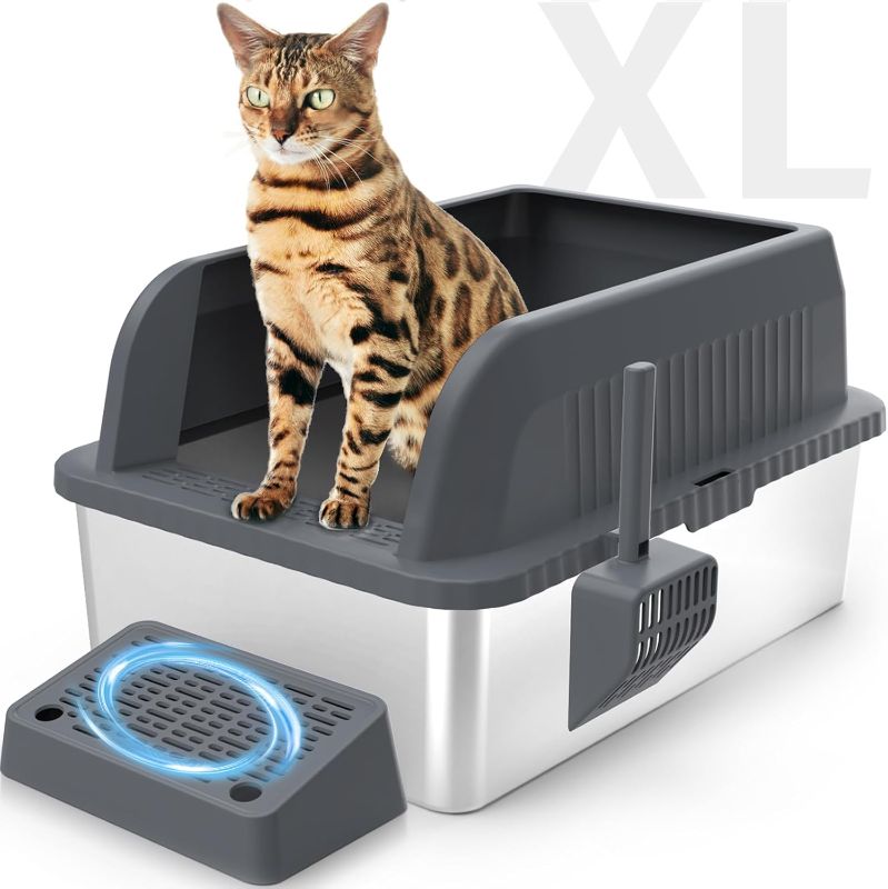 Photo 1 of Stainless Steel Cat Litter Box, XL Extra Large Enclosure Cat Box with Lid for Small Big Cats, Double Pedal Filter Metal High Sided Litter Box with Scoop Mats, Non-Sticky Anti-Leakage Easy Cleaning
