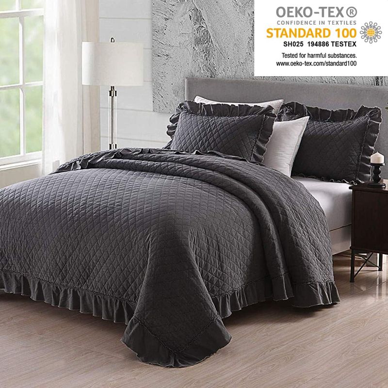 Photo 1 of king beige- JML Quilts King Size, Stone Washed Microfiber 3 Pieces Bedspreads Coverlet with Ruffle - Super Soft, 320GSM Oversized Vintage Quilt Set
