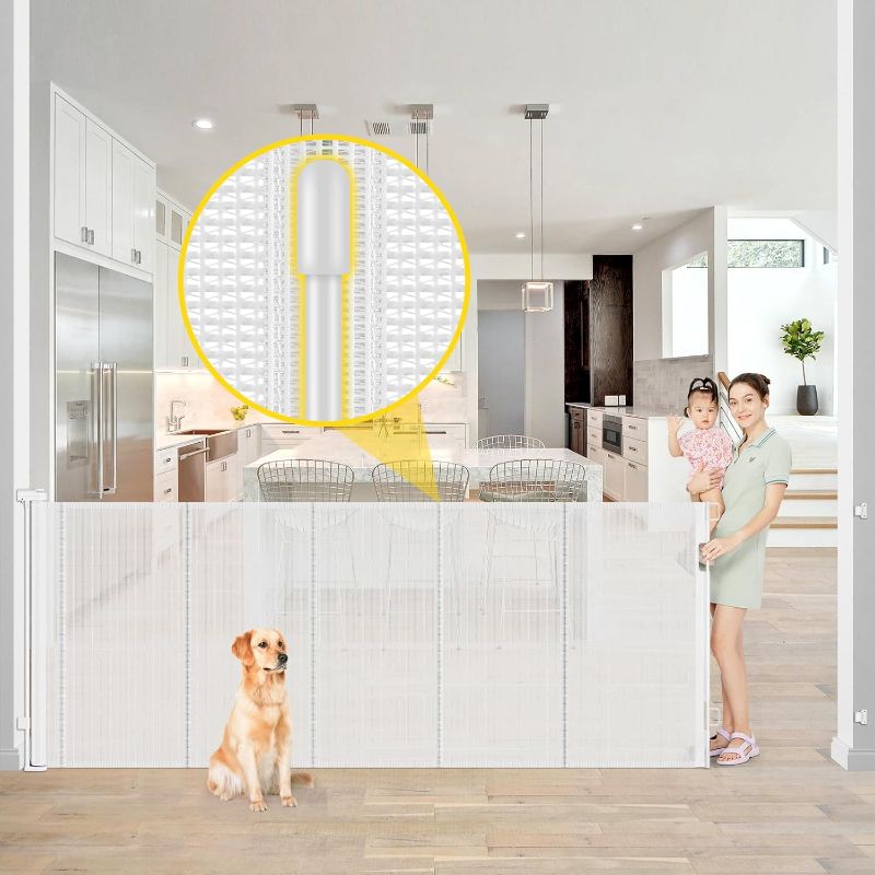 Photo 1 of Reinforced 42” Extra Tall x 80” Wide Retractable Baby Gates with Rods to Prevent Crawling Through, Extra Tall Dog Gate for Large Openings Indoor Outdoor Long Mesh Gate for Stairs and Doorways, White

