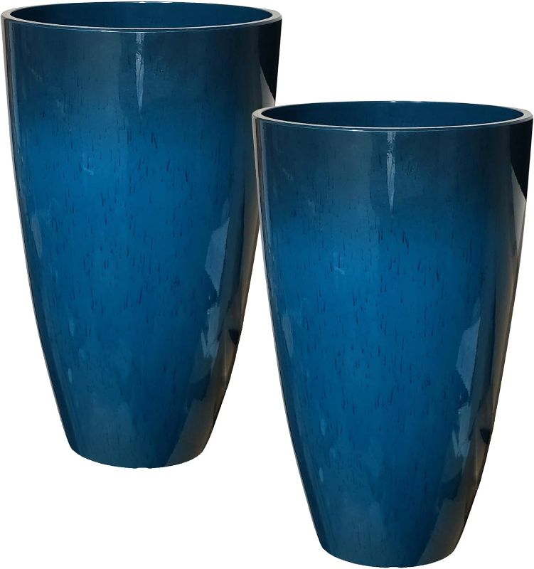 Photo 1 of RUBBER BOND Plant Pots 2 Pack - Modern Indoor/Outdoor Planters for Home Decor - Weather-Resistant Large Flower Pots - Lightweight 22 Inches Tall Planters - Blue Glossy Round Pots for Plants
